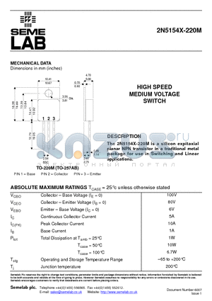 2N5154X-220M datasheet - HIGH SPEED MEDIUM VOLTAGE