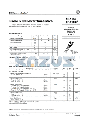2N5191 datasheet - POWER TRANSISTORS SILICON NPN