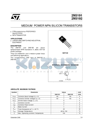 2N5191_00 datasheet - MEDIUM POWER NPN SILICON TRANSISTORS