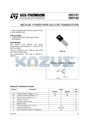 2N5192 datasheet - MEDIUM POWER NPN SILICON TRANSISTORS