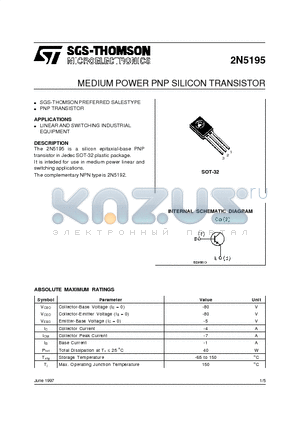 2N5195 datasheet - MEDIUM POWER PNP SILICON TRANSISTOR