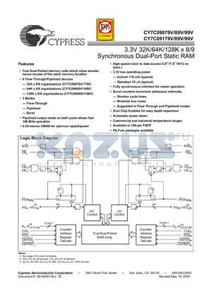 CY7C09089V-6AXC datasheet - 3.3V 32K/64K/128K x 8/9 Synchronous Dual-Port Static RAM