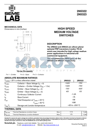 2N5322 datasheet - HIGH SPEED MEDIUM VOLTAGE SWITCHES