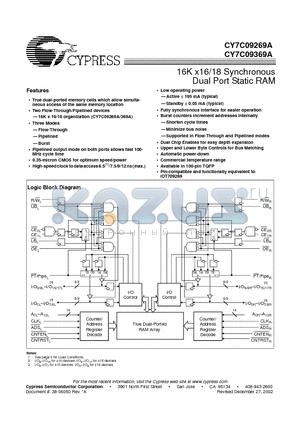 CY7C09269A datasheet - 16K x16/18 Synchronous Dual Port Static RAM