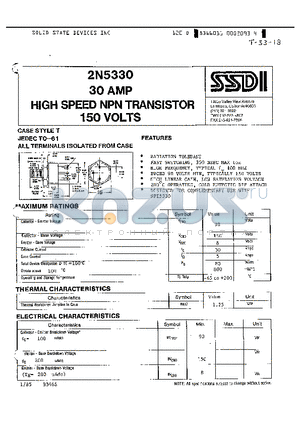 2N5330 datasheet - 30 AMP HIGH SPEED NPN TRANSISTOR 150 VOLTS