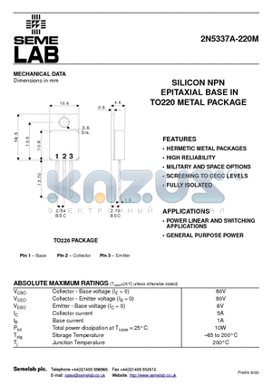 2N5337A-220M datasheet - SILICON NPN EPITAXIAL BASE IN TO220 METAL PACKAGE