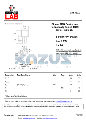 2N5337X datasheet - Bipolar NPN Device in a Hermetically sealed TO39