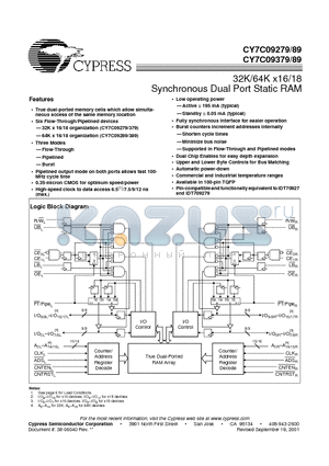 CY7C09279-12AC datasheet - 32K/64K X 16/18 Synchronous Dual Port Static RAM