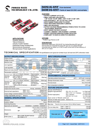 DOH16-05TA datasheet - Non-isolated Point of load DC/DC converters