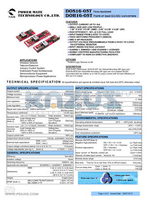 DOH16-05TA-P datasheet - Non-isolated Point of load DC/DC converters