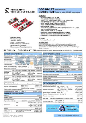 DOH16-12T datasheet - Non-isolated Point of load DC/DC converters