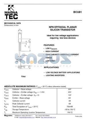 BCU81 datasheet - NPN EPITAXIAL PLANAR SILICON TRANSISTOR