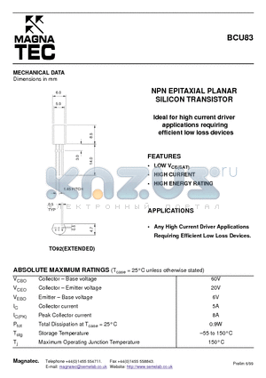 BCU83_99 datasheet - NPN EPITAXIAL PLANAR SILICON TRANSISTOR