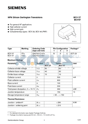 BCV27 datasheet - NPN Silicon Darlington Transistors (For general AF applications High collector current)