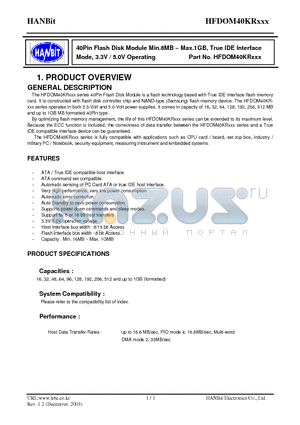 DOM40KR016 datasheet - 40Pin Flash Disk Module Min.8MB ~ Max.1GB, True IDE Interface Mode, 3.3V / 5.0V Operating