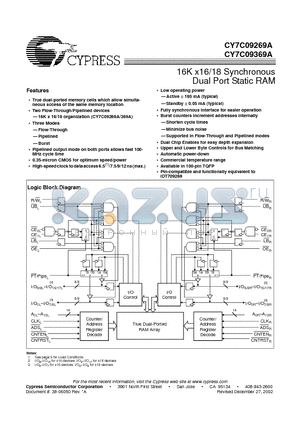 CY7C09369A datasheet - 16K x16/18 Synchronous Dual Port Static RAM