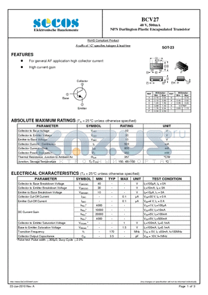 BCV27 datasheet - NPN Darlington Plastic Encapsulated Transistor