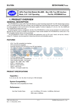 DOM40KV064 datasheet - 40Pin Flash Disk Module Min.8MB ~ Max.1GB, True IDE Interface Mode, 3.3V / 5.0V Operating