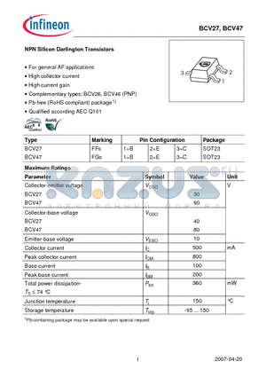 BCV27_07 datasheet - NPN Silicon Darlington Transistors