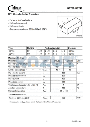 BCV29 datasheet - NPN Silicon Darlington Transistors