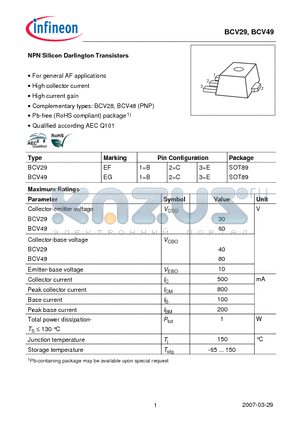 BCV29 datasheet - NPN Silicon Darlington Transistors