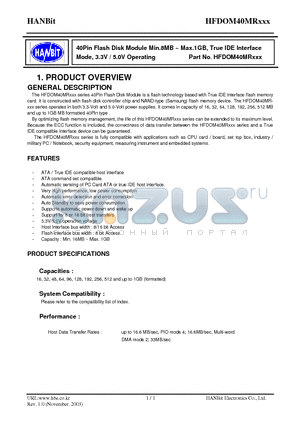 DOM40MR16 datasheet - 40Pin Flash Disk Module Min.8MB ~ Max.1GB, True IDE Interface Mode, 3.3V / 5.0V Operating