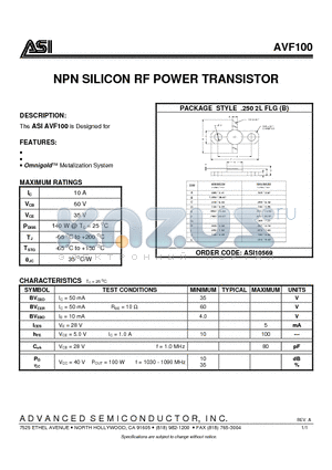 AVF100 datasheet - NPN SILICON RF POWER TRANSISTOR