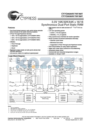 CY7C09369V-9AI datasheet - 3.3V 16K/32K/64K x 16/18 Synchronous Dual-Port Static RAM