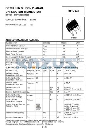 BCV49 datasheet - NPN SILICON PLANAR DARLINGTON TRANSISTOR