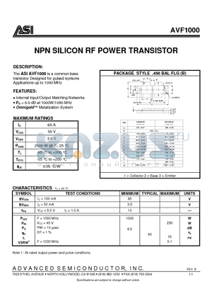 AVF1000 datasheet - NPN SILICON RF POWER TRANSISTOR