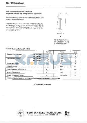 2N5400 datasheet - PNP Silicon Expitaxial Planar Transistor for general purpose, high voltage amplifier applications