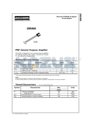 2N5400 datasheet - PNP General Purpose Amplifier