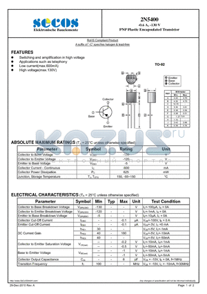 2N5400 datasheet - PNP Plastic Encapsulated Transistor