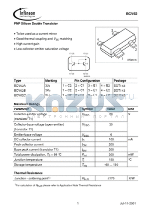 BCV62A datasheet - PNP Silicon Double Transistor