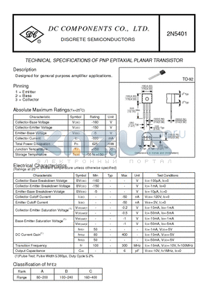 2N5401 datasheet - TECHNICAL SPECIFICATIONS OF PNP EPITAXIAL PLANAR TRANSISTOR