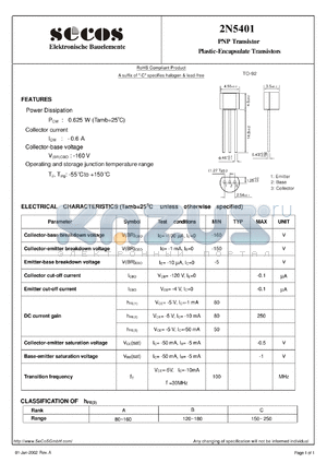 2N5401 datasheet - PNP Transistor Plastic-Encapsulate Transi stors