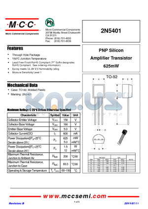 2N5401 datasheet - PNP Silicon Amplifier Transistor 625mW