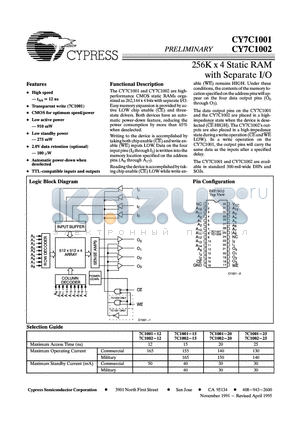 CY7C1001 datasheet - 256K x 4 Static RAM with Separate I/O