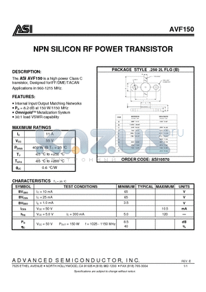 AVF150_07 datasheet - NPN SILICON RF POWER TRANSISTOR