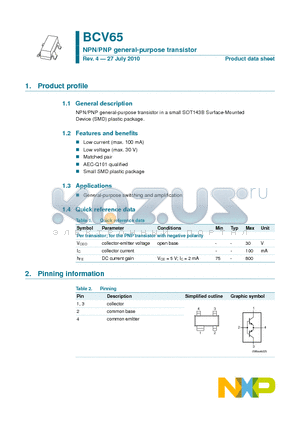 BCV65 datasheet - NPN/PNP general-purpose transistor