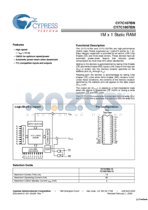 CY7C1007BN-15VC datasheet - 1M x 1 Static RAM