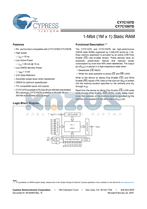 CY7C1007D datasheet - 1-Mbit (1M x 1) Static RAM