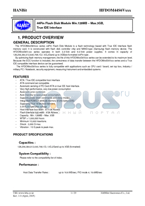 DOM44S6V128 datasheet - 44Pin Flash Disk Module Min.128MB ~ Max.3GB, True IDE Interface