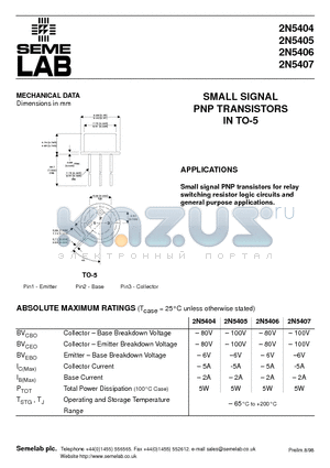 2N5404 datasheet - SMALL SIGNAL PNP TRANSISTORS IN TO-5