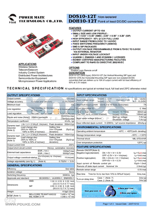 DOS10-12T datasheet - Non-isolated Point of load DC/DC converters