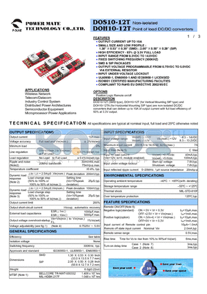 DOS10-12T-P datasheet - Non-isolated Point of load DC/DC converters