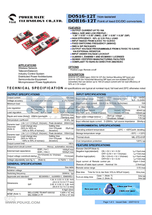 DOS16-12T-P datasheet - Non-isolated Point of load DC/DC converters