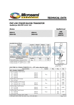 2N5415S datasheet - PNP LOW POWER SILICON TRANSISTOR