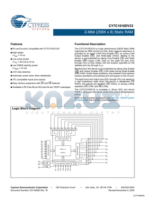 CY7C1010DV33 datasheet - 2-Mbit (256K x 8) Static RAM