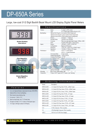 DP-650A datasheet - Large, low-cost 31/2 Digit Backlit Bezel Mount LCD Display Digital Panel Meters